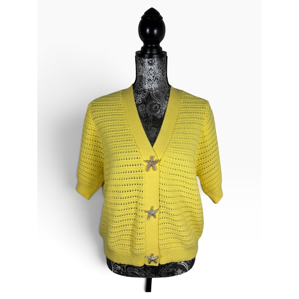 St John's Bay L Yellow Open Knit Cardigan Starfish Button Front NWT Grannycore